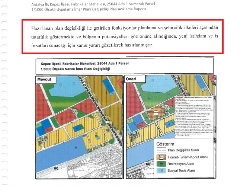 Plan Açıklama Raporunda, Kişiye Özel Plan Değişikliğinin Kamu Yararı Taşıdığı Savunuluyor