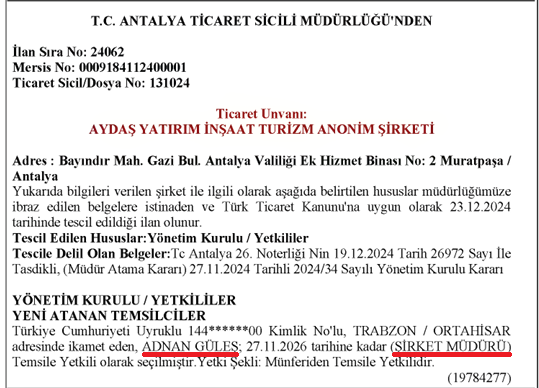 Şirketin Eski Sahibi Adnan Güleş, Valiliğe Geçtikten Sonra Kasım 2026'Ya Kadar Müdür Olarak Atandı