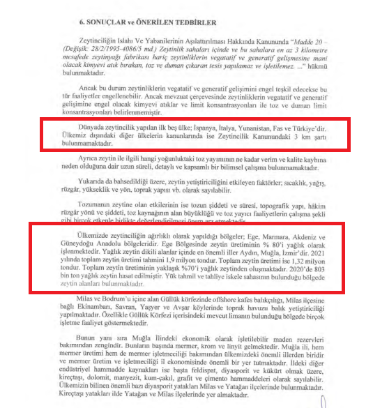 Maden Limanı Için Hazırlanan Çed Raporunda, Zeytin Kanunundaki 3 Km Sınırının Başka Ülkelerde Olmadığı Belirtilerek Korumacı Düzenleme Eleştiriliyor