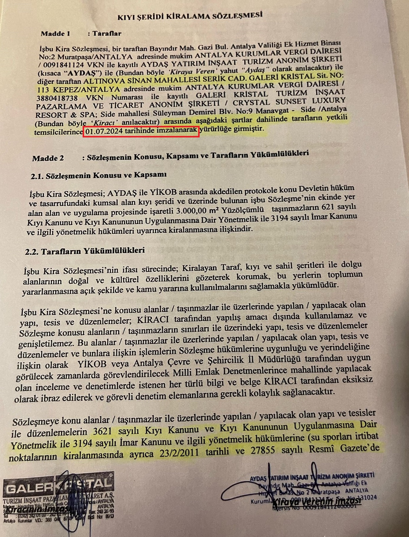 Aydaş İle Kri̇stal Otel Arasinda Ayni Gün Yapilan Protokol