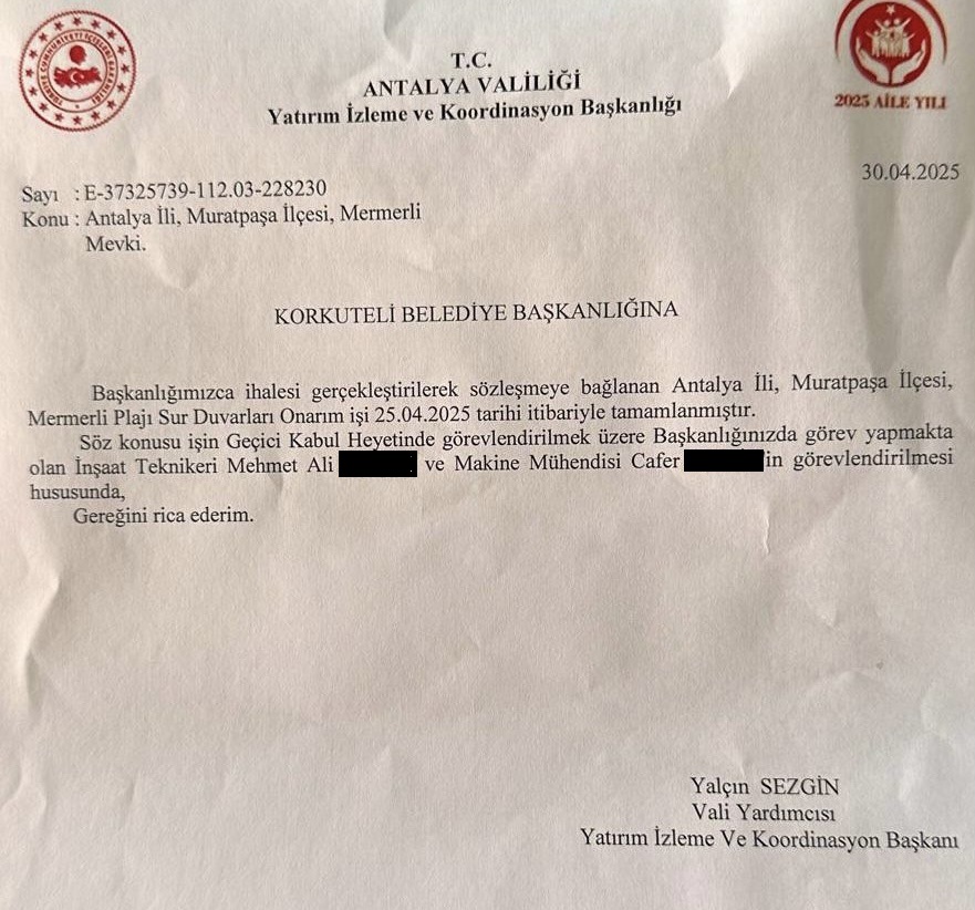 Antalya Vali Yardımcısı Ve Yi̇kob Başkanı Yalçın Sezgin Mermerli Plajı'ndaki Işin Kabulüne Imza Atmak Için Korkuteli Belediyesi'nden Iki Teknik Personel Istedi.