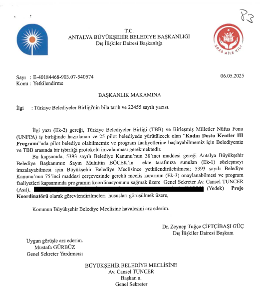 Büyükşehir Meclisine Sunulan Teklifin Üst Yazısı