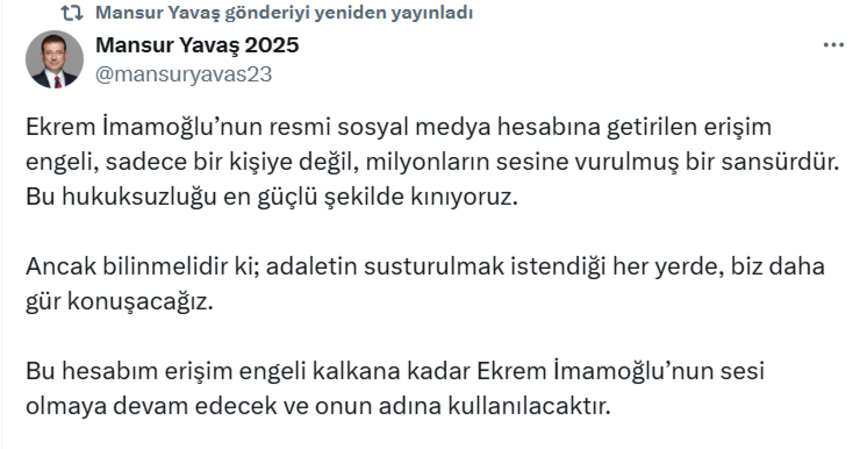 Mansur Yavaştan Ekrem İmamoğlu'na Sosyal Medya Desteği
