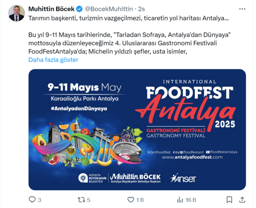 Muhittin Böcek'in Food Fest Antalya 2025 Davet Paylaşımı