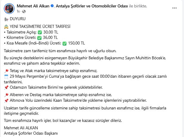 Taksi Zam Duyuru