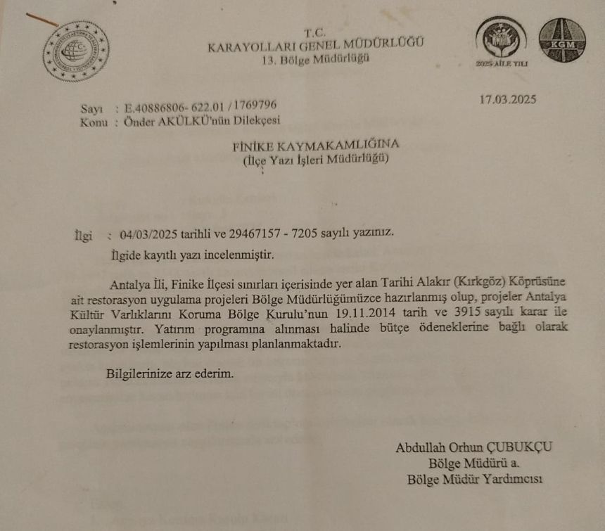 Karayolları 13. Bölge Müdürlüğü'nün Köprüyle Ilgili Yazısı