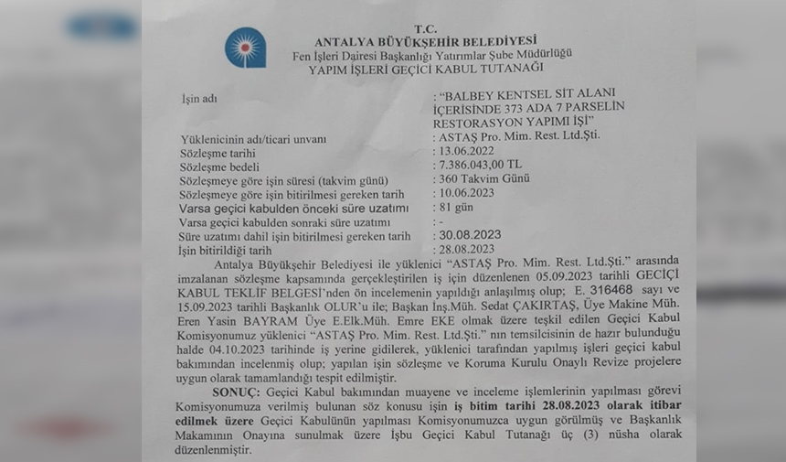 Büyükşehir Belediyesi Kilit Konağı Restorasyon Projesi Geçici Kabul Belgesi