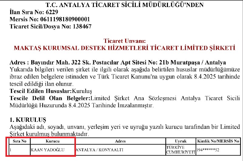Büyükşehir'den Ihale Alan Maktaş Şirketinin Kurucusu Kaan Yadoğlu Olarak Görünüyor