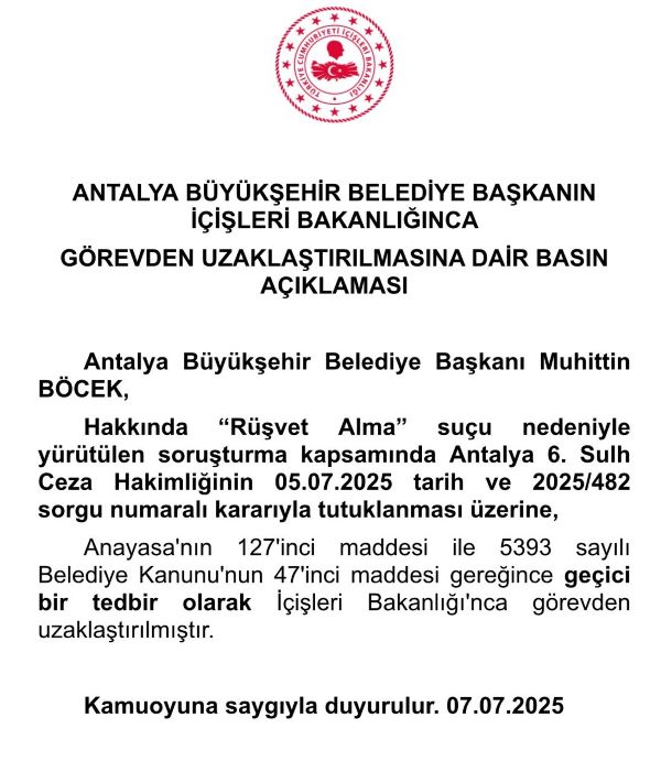 İçişleri Bakanlığı Muhittin Böcek Açıklaması