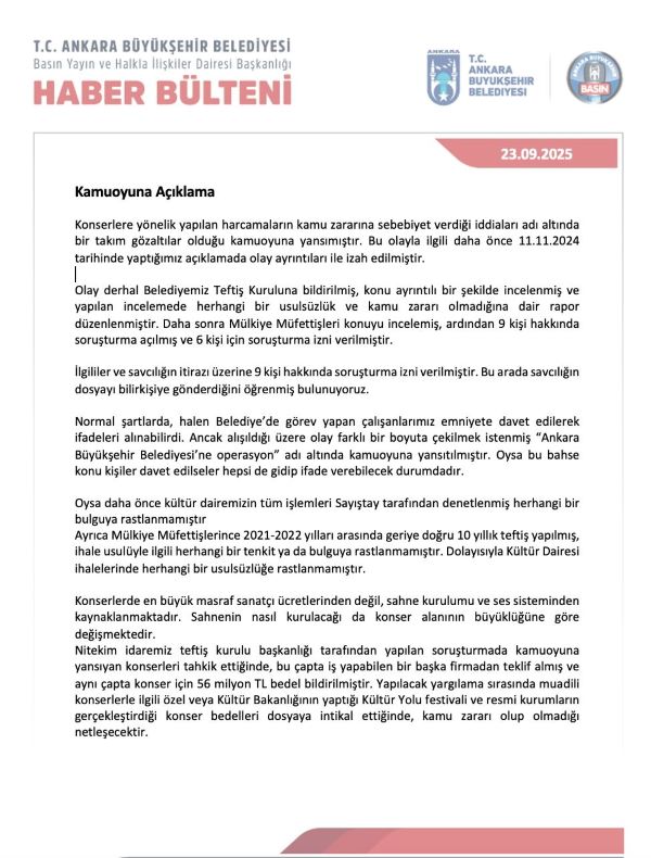 Ankara Büyükşehir Belediyesi Soruşturma Açıklaması