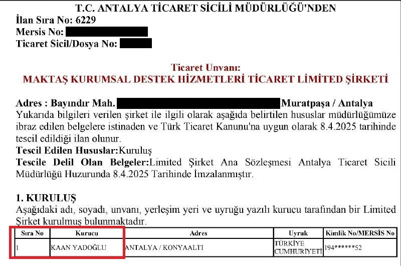 Büyükşehir'den Ihale Alan Maktaş Şirketinin Kurucusu Kaan Yadoğlu Olarak Görünüyor-1