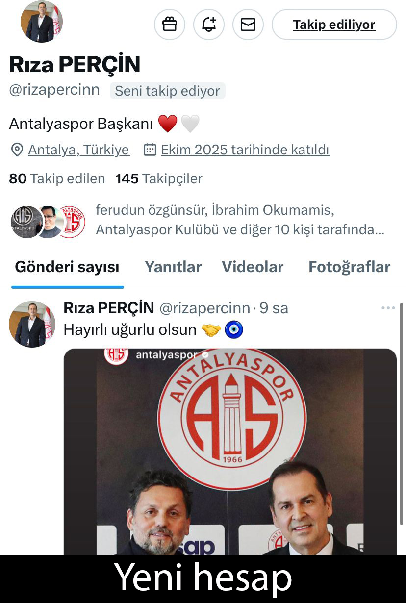 Rıza Perçin Yeni Sosyal Medya Hesabı
