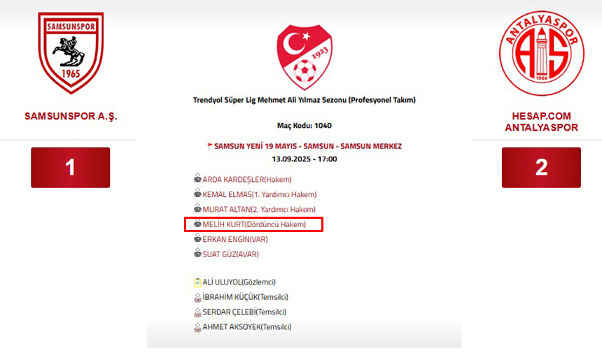 Samsunspor Maçı Hakem Listesi