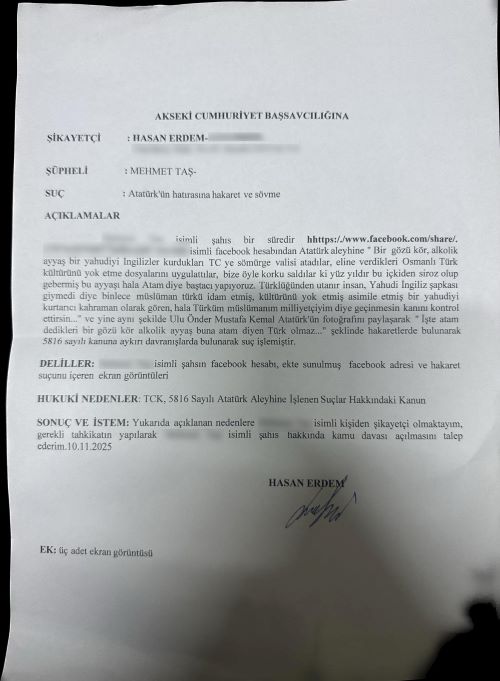 Atatürk'e Hakaret Şikayet Dilekçesi