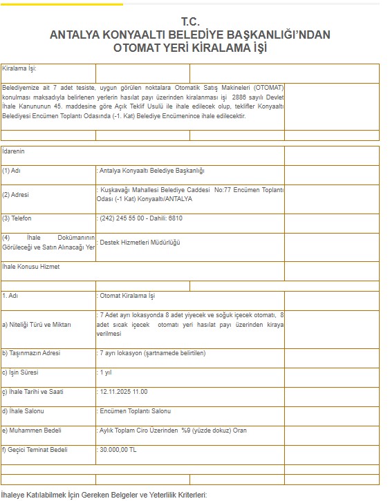 Konyaaltı Belediyesi Otomat Ilanı