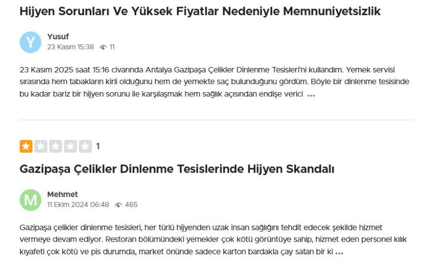 Gazipaşa Dinlenme Tesisi Şikayetler