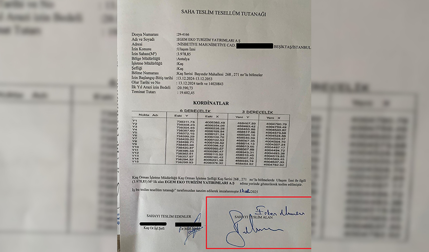 Kaş Orman İşletme Müdürlüğü'nün Saha Teslim Tutanağında Eski Bakan Erkan Mumcu'nun Da Imzası Yer Alıyor