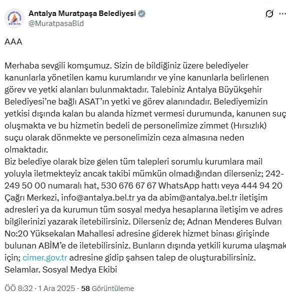 Muratpaşa Belediyesi Mesaj