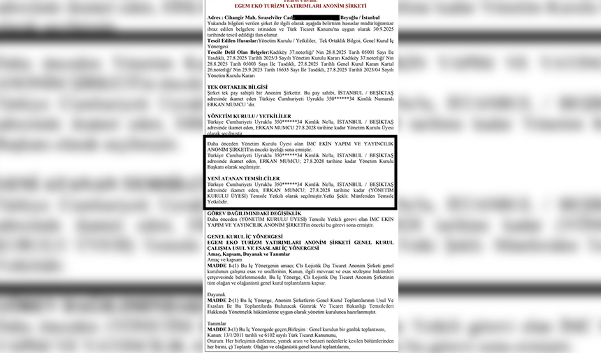 Yol Izni Verilen Şirket Eski Bakan Erkan Mumcu'ya Ait