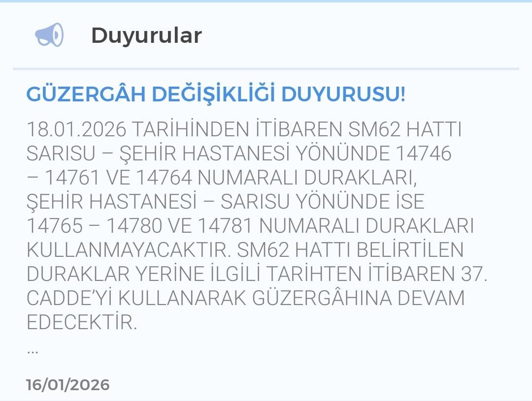 Sarısu Şehir Hastanesi Güzergah Değişikliği Duyuru