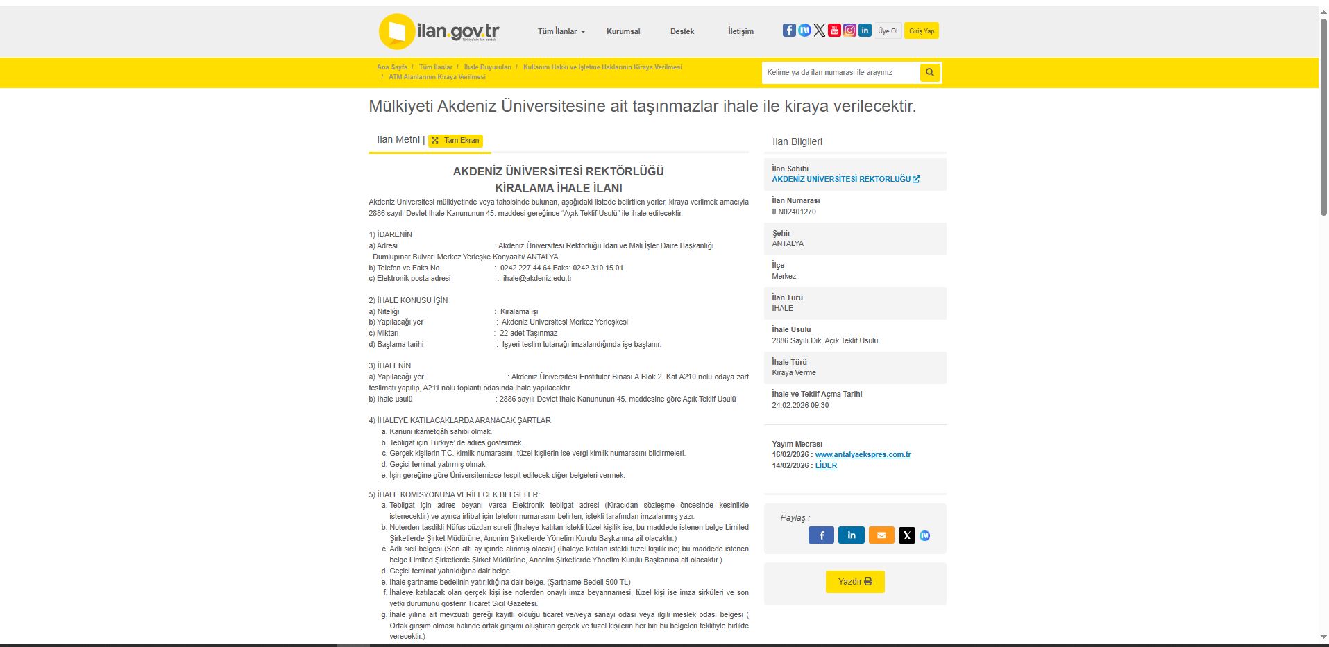 Akdeniz Üniversitesi Kiralama Ilanı