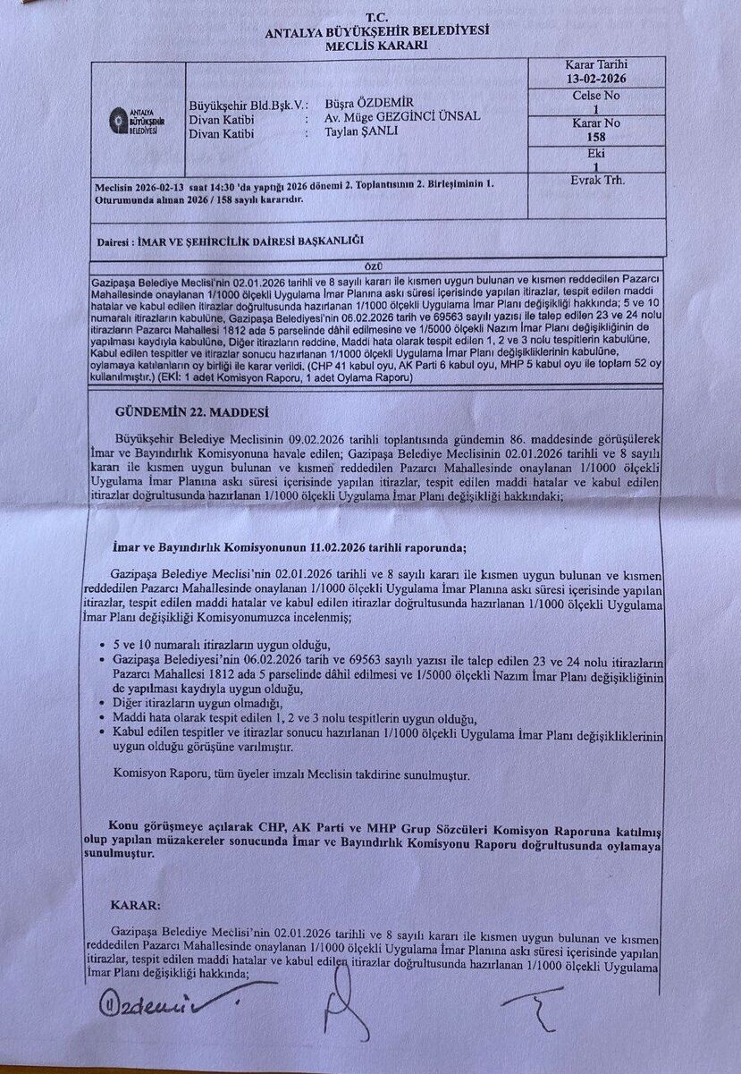 Antalya Büyükşehir Belediyesi'nin 13 Şubat 2026 Tarihli Meclis Kararı Ile Gazipaşa'daki Plan Onaylandı