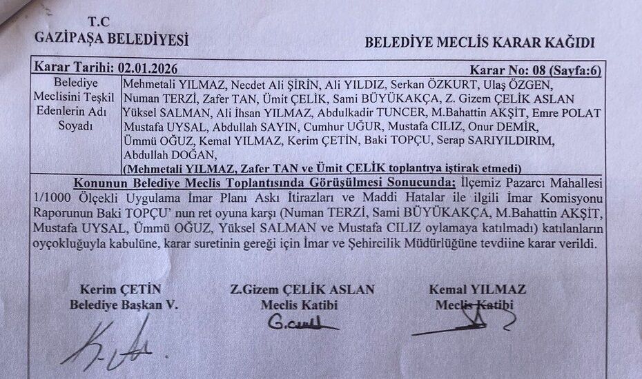 Plan Değişikliğinin Oy Çokluğu Ile Kabul Edildiğine Dair Gazipaşa Belediyesi Meclis Kararı