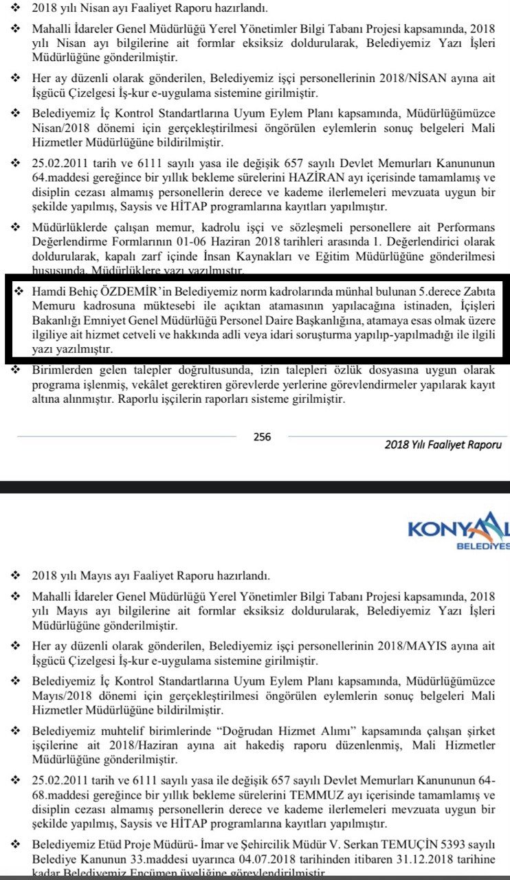 Konyaaltı Belediyesi 2018 Yılı Faaliyet Raporunda Behiç Özdemir'in Atanmasına Ilişkin Yazışma Detayı