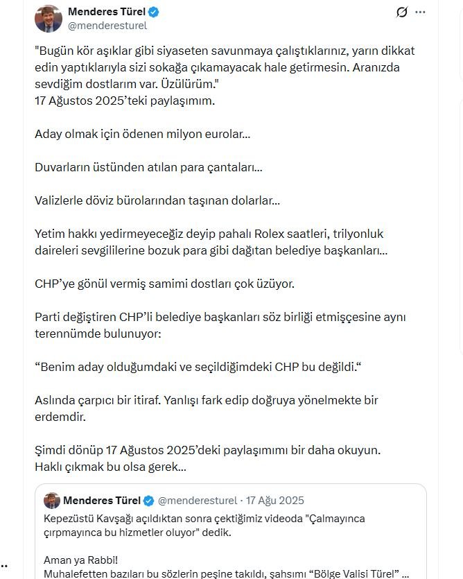 Menderes Türel Chp Uyarısı Paylaşımı