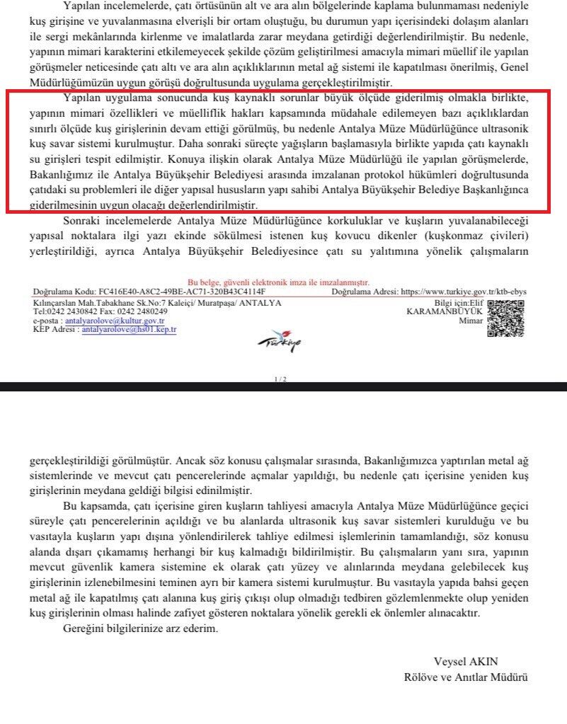 Antalya Rölöve Ve Anıtlar Müdürlüğü'nün Konuyla Ilgili Yazısı (2)