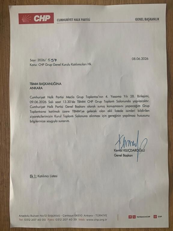 Kemal Kılıçdaroğlu Grup Toplantısı Talebi Dilekçesi