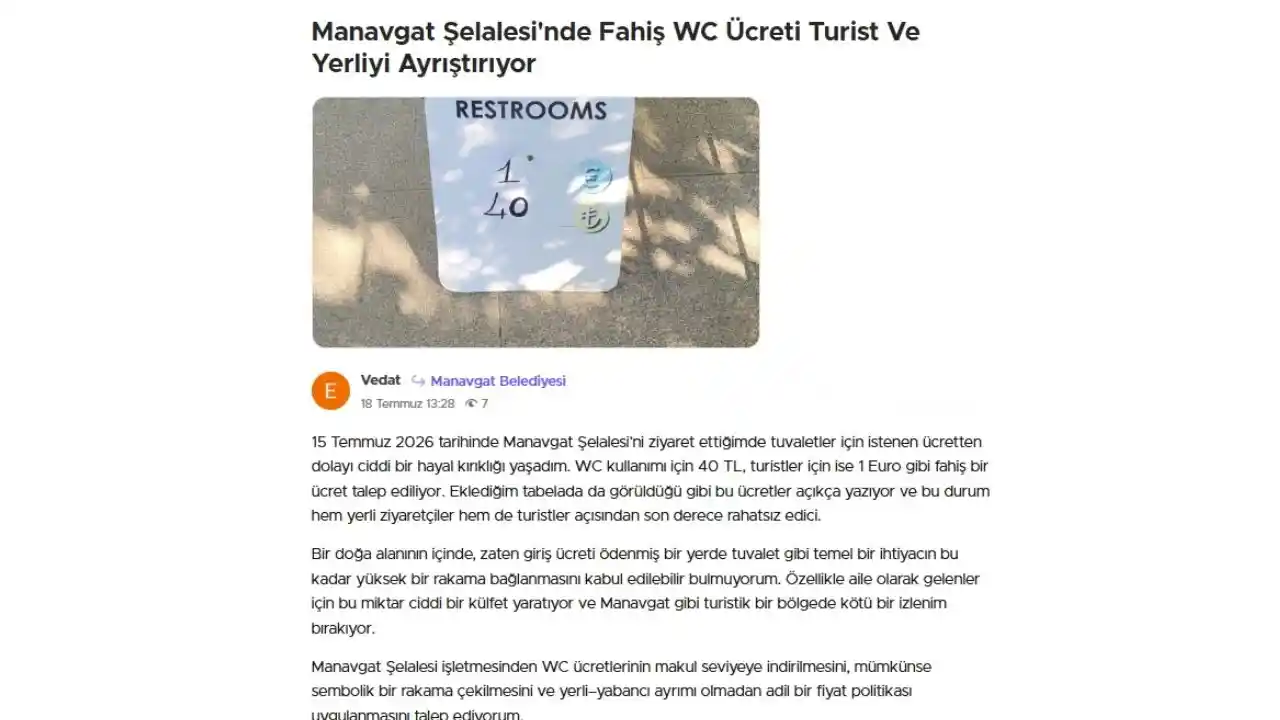 Manavgat Belediyesi Tuvalete Giriş Ücretikörfezz