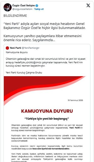 Yeni Parti Sahte Hesap Açıklaması