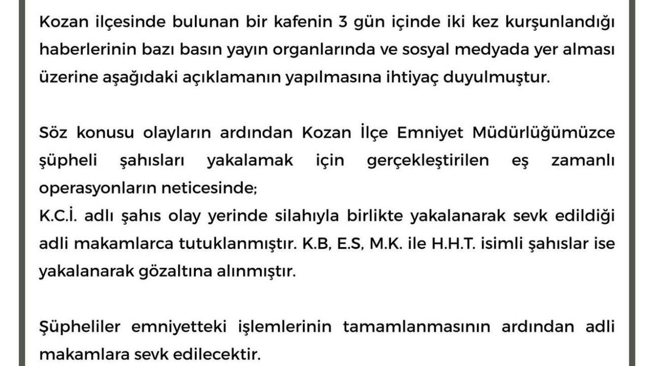 Kozan’da kafeye silahlı saldırı! Valilikten açıklama geldi