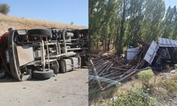 Konya'de mermer ve tomruk yüklü tırlar devrildi!