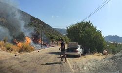 Tatilci aile, Kaş'ta yol kenarındaki yangına müdahale etti