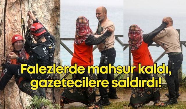 Falezlerde mahsur kalan kadın, gazetecilere saldırdı!
