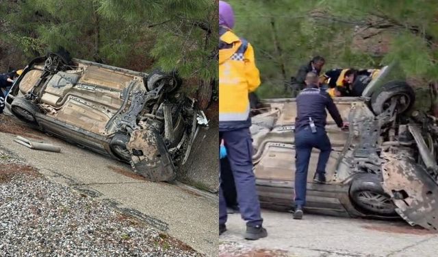 Manavgat'ta yağmurda kontrolden çıkan otomobil takla attı
